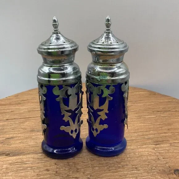 Coblat Blue Glass Vintage Japan Silver Plated Salt and Pepper Shakers - Picture 2 of 10